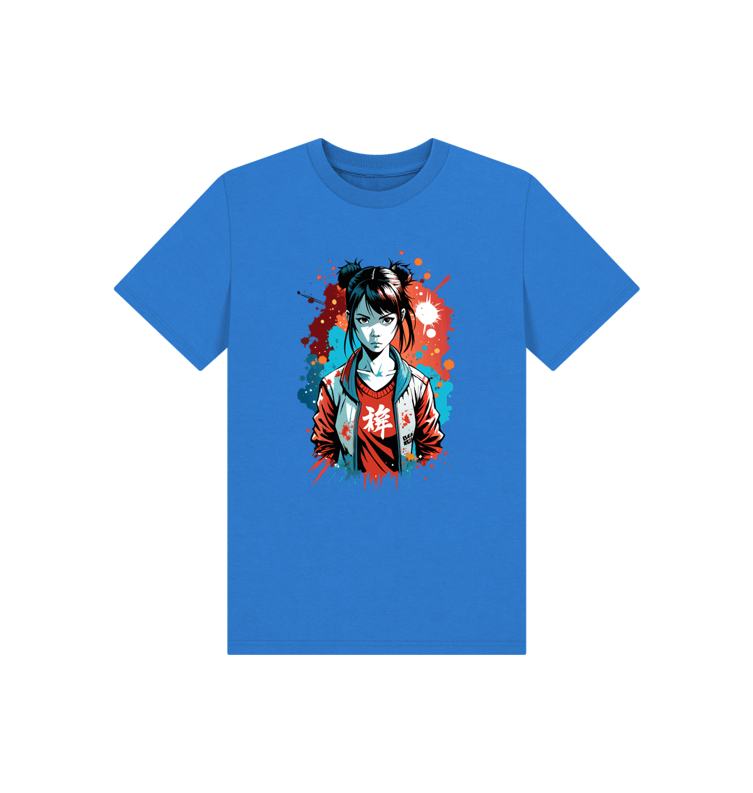 Blue t-shirt with anime-style character graphic