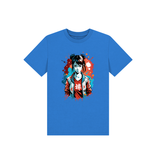 Blue t-shirt with anime-style character graphic