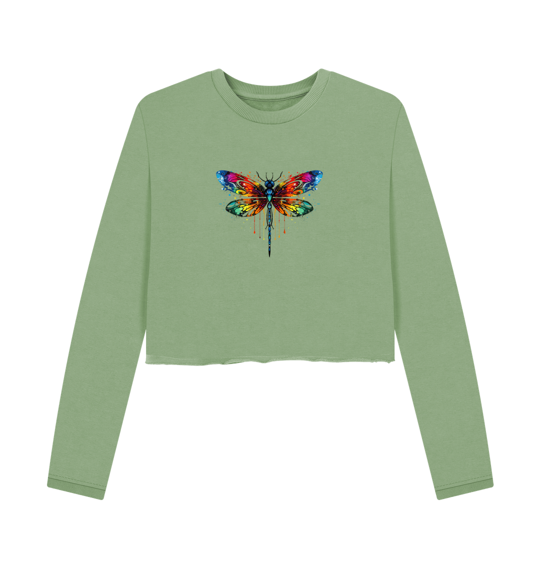 Green cropped sweatshirt with colorful butterfly design