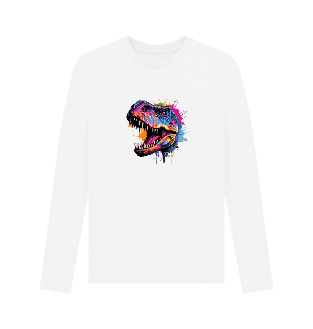 White long-sleeved t-shirt with colorful dinosaur graphic