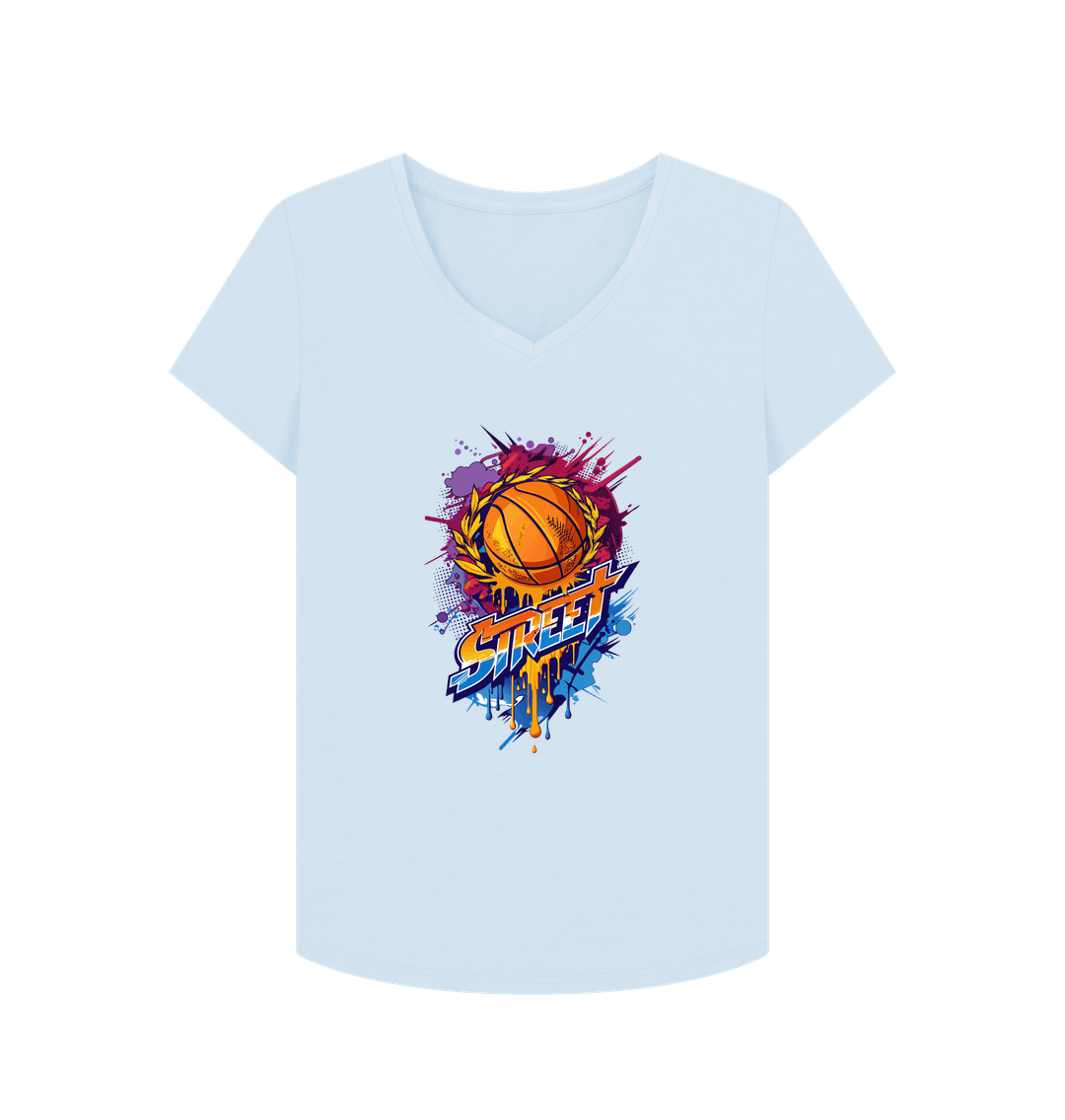 White V-neck t-shirt with basketball graphic