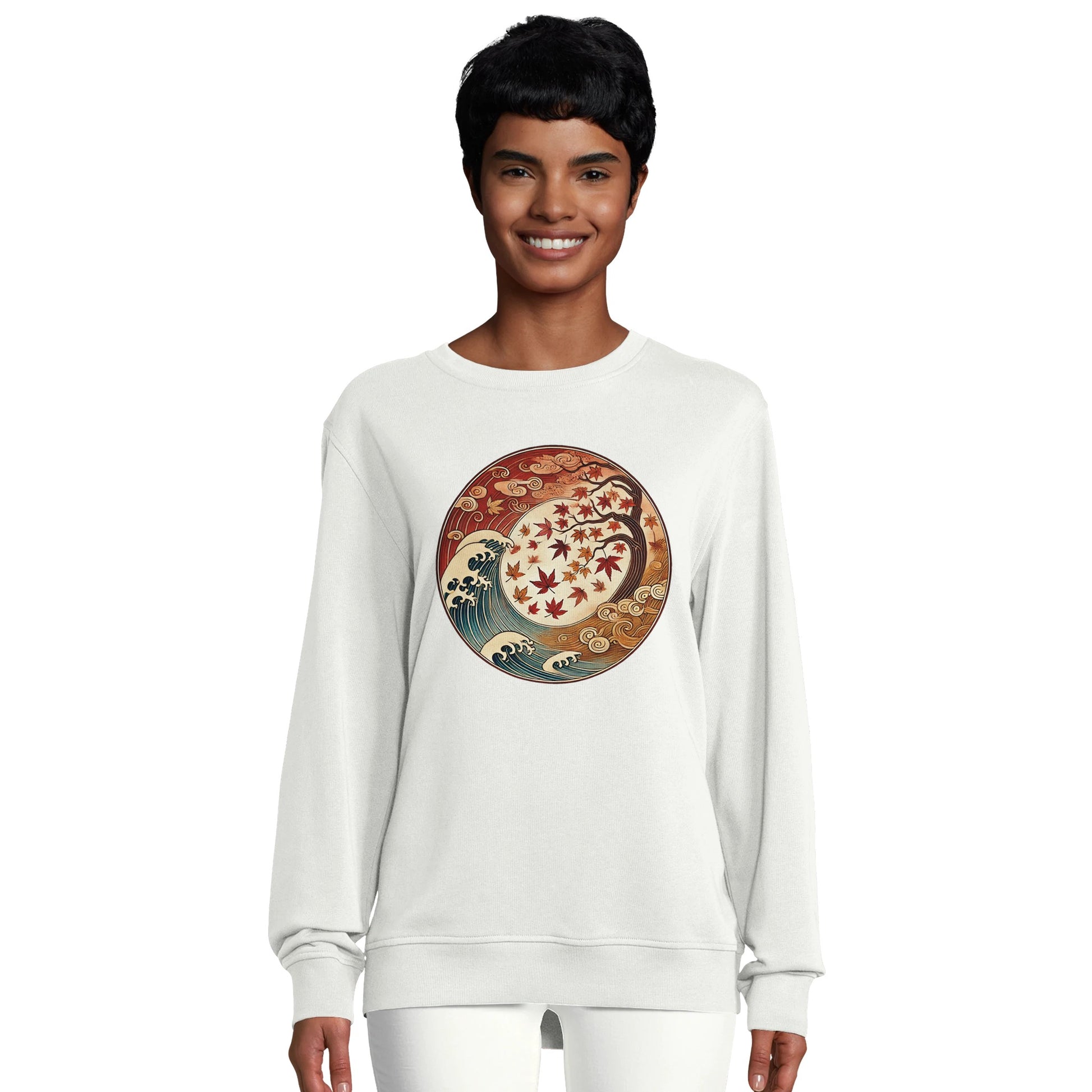 White sweatshirt with autumn-themed design (person)
