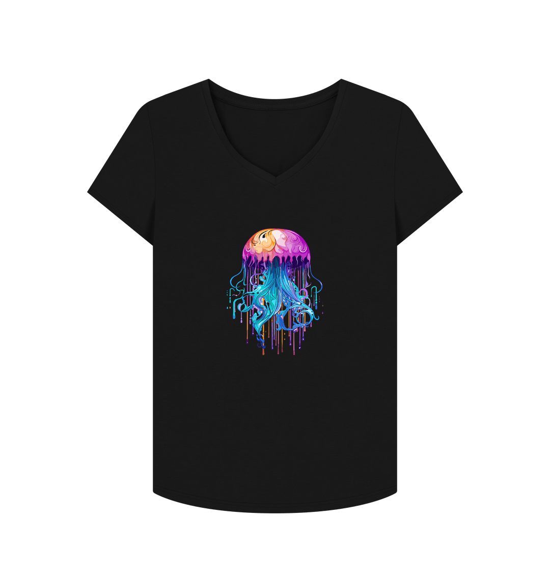 Black V-neck t-shirt with jellyfish graphic