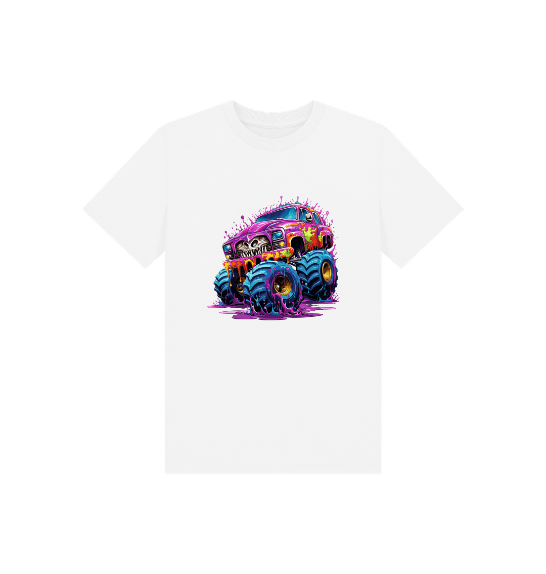 White t-shirt with colorful monster truck graphic