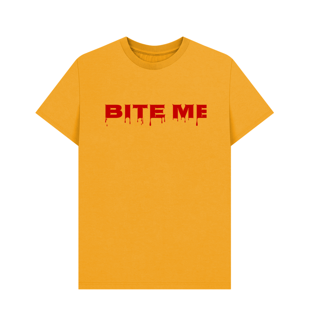 Yellow t-shirt with "BITE ME" text