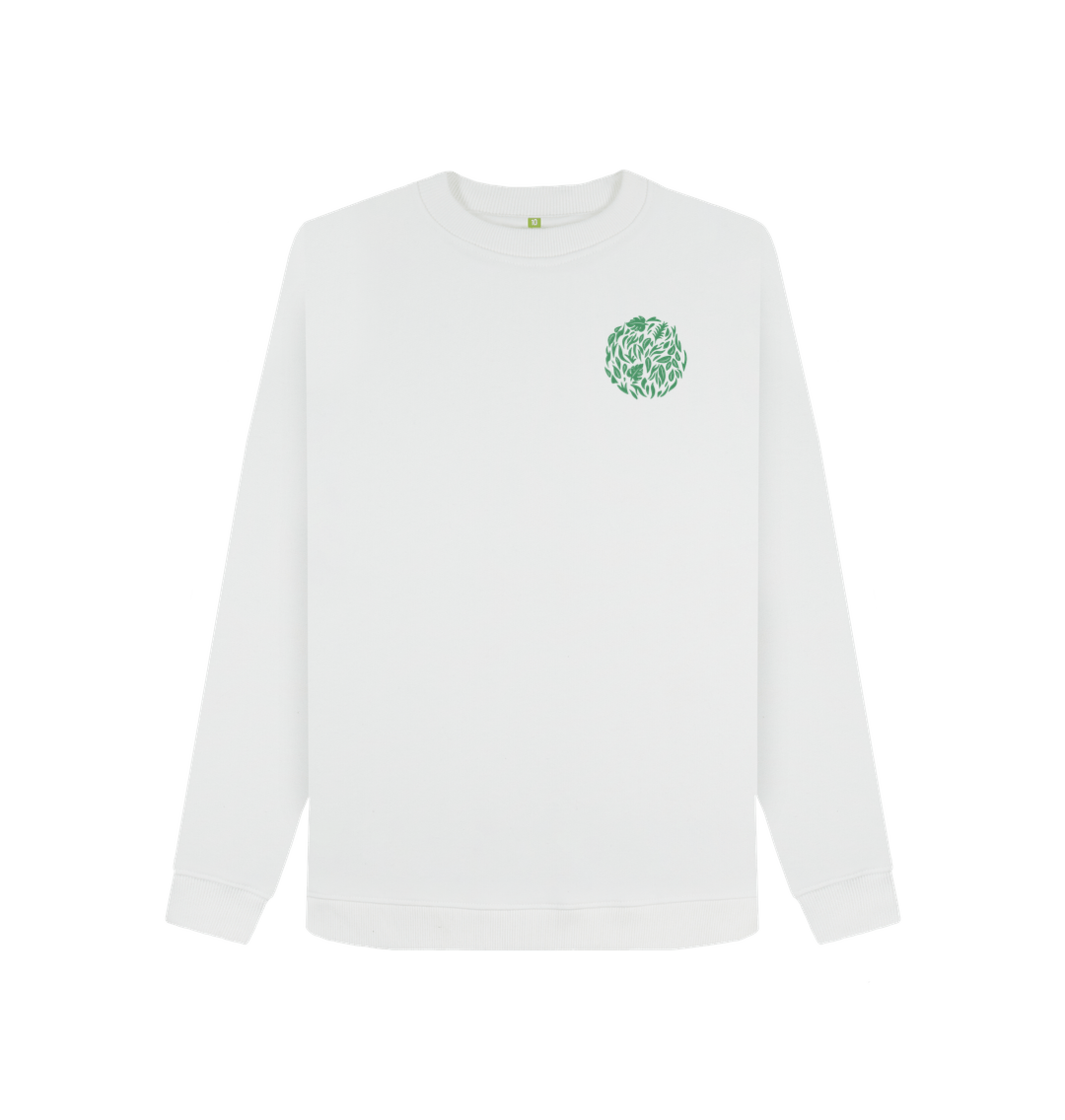 White long-sleeved sweatshirt with green leaf logo
