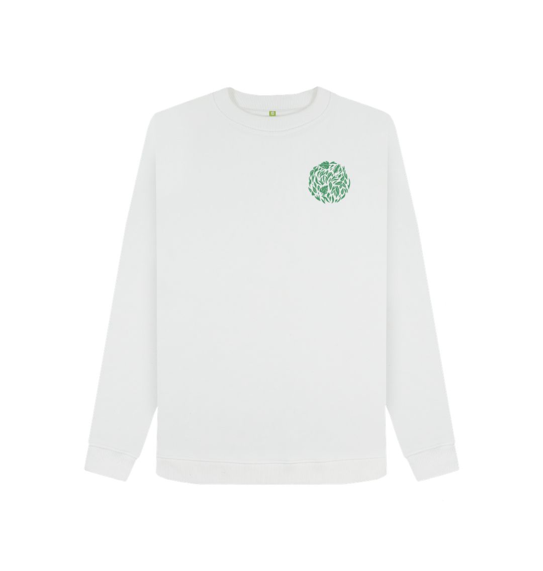 White organic cotton sweatshirt with green leaf design