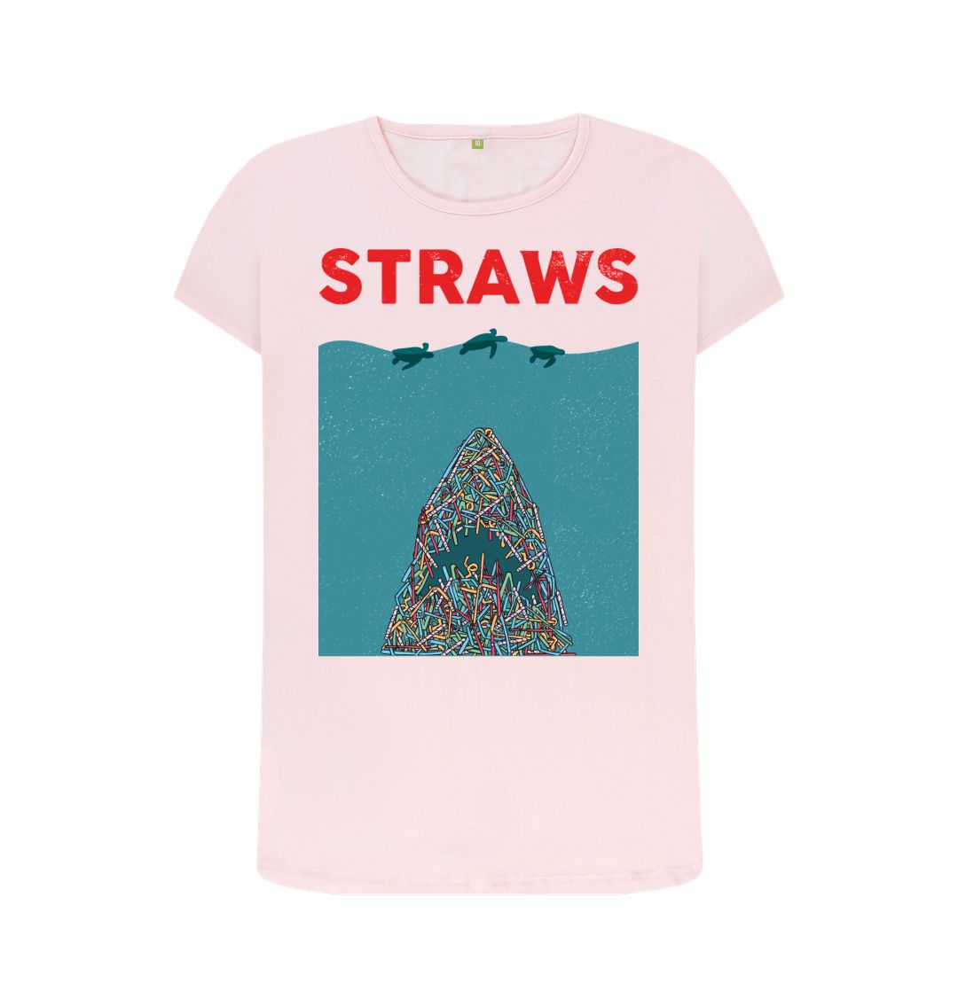 Pink t-shirt with "STRAWS" and ocean graphic