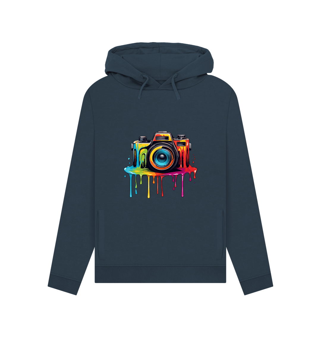 Dark blue hoodie with colorful camera graphic