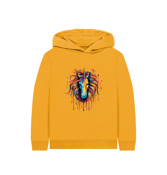 Yellow hoodie with colorful unicorn graphic
