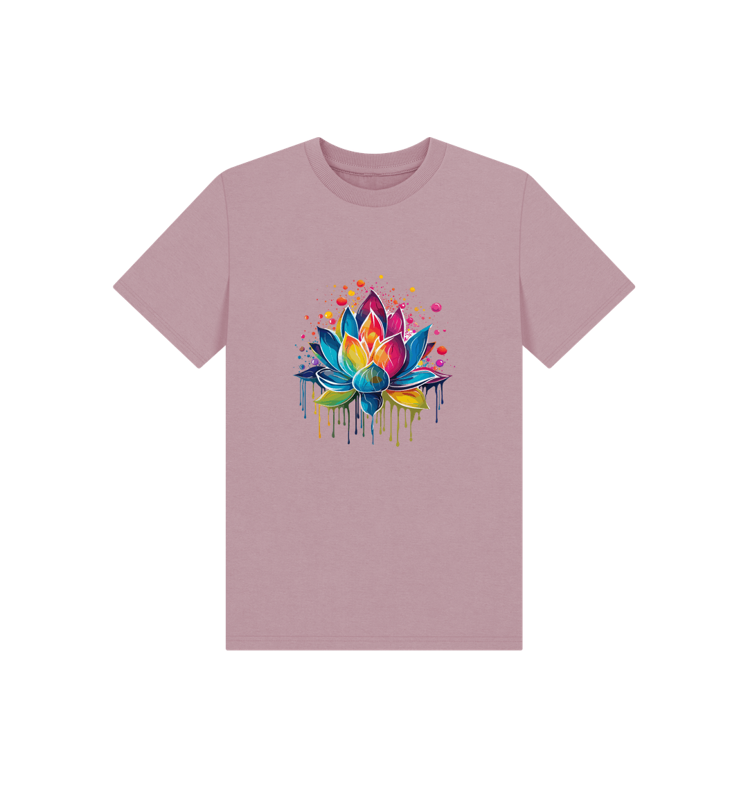 Pink t-shirt with colorful dripping flower design