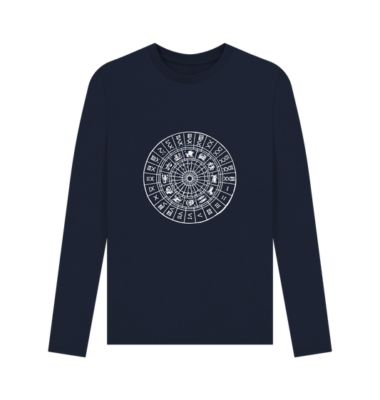 Navy blue long-sleeved t-shirt with zodiac wheel design