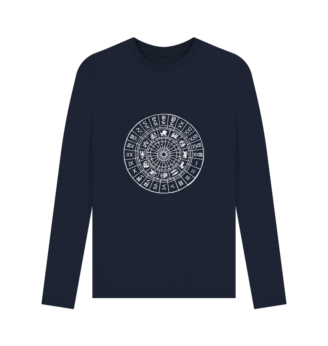 Navy blue long-sleeved t-shirt with zodiac wheel design