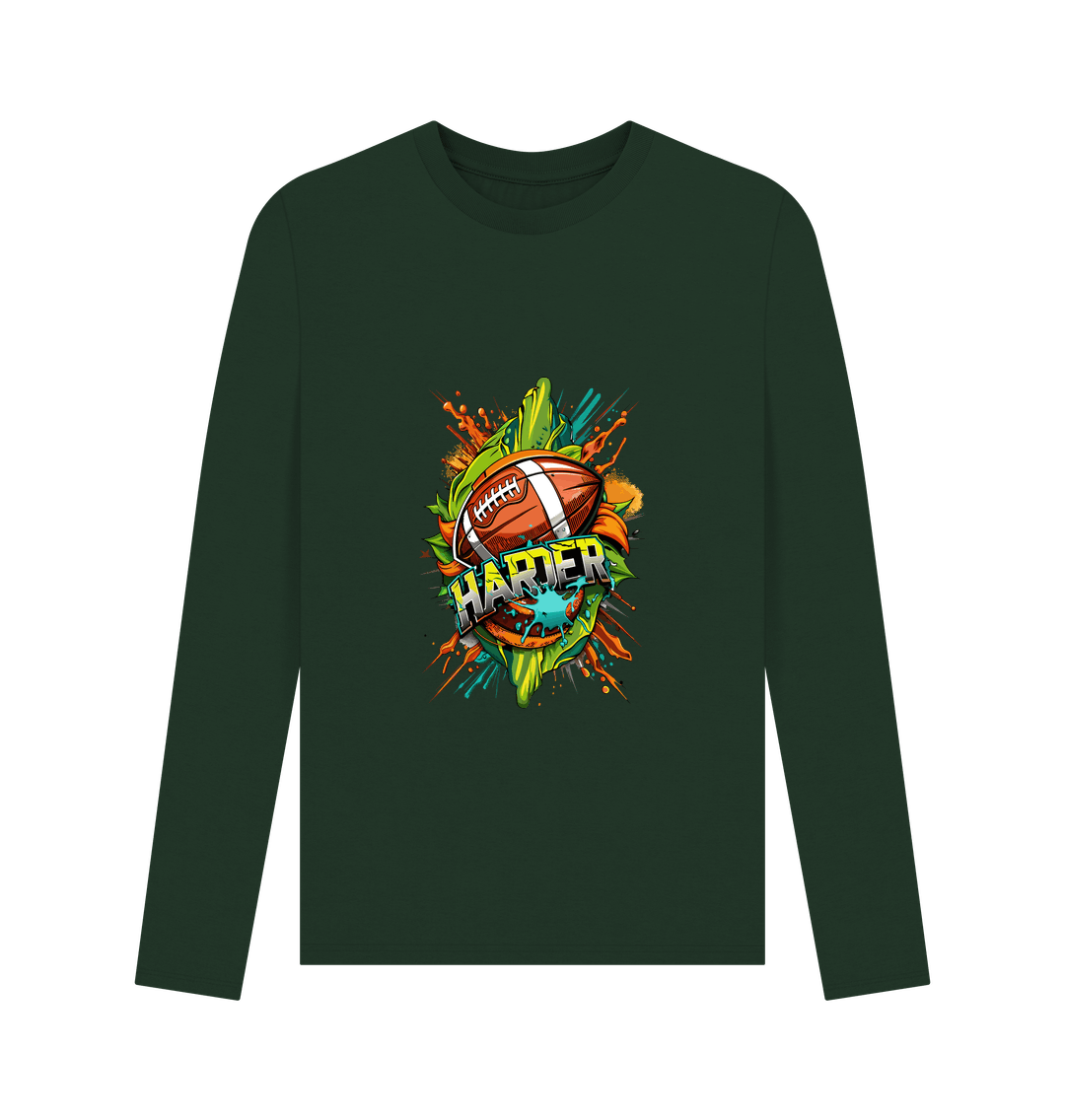 Dark green long-sleeved t-shirt with football graphic