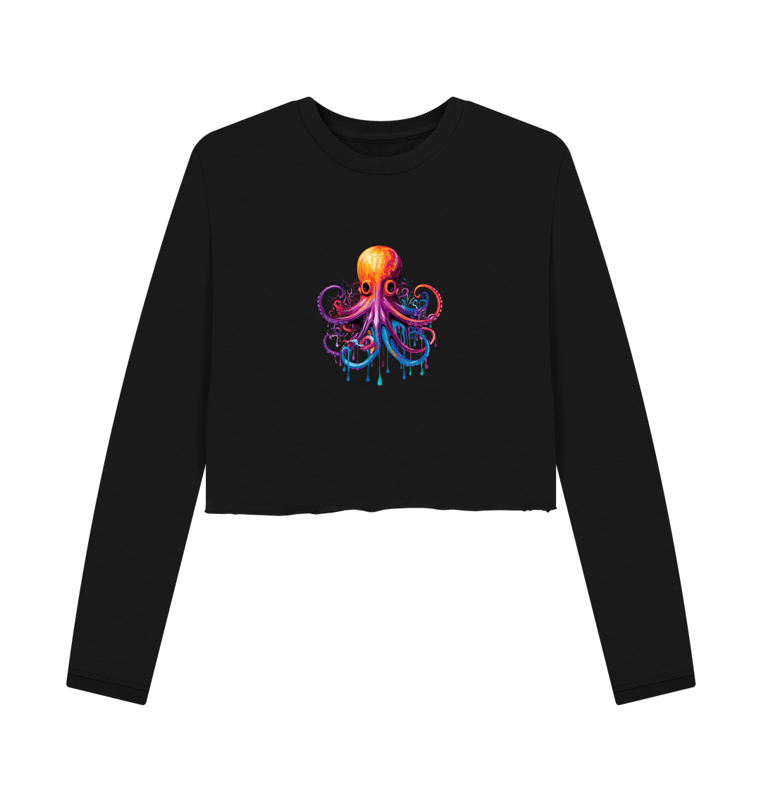 Black cropped sweatshirt with colorful octopus design