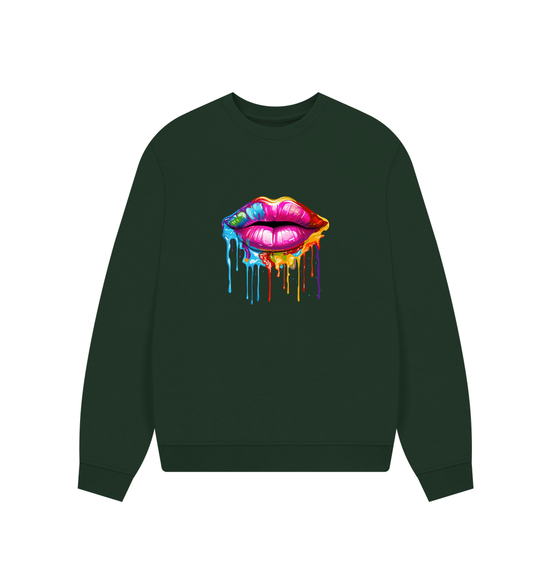 Green sweatshirt with colorful dripping lips design