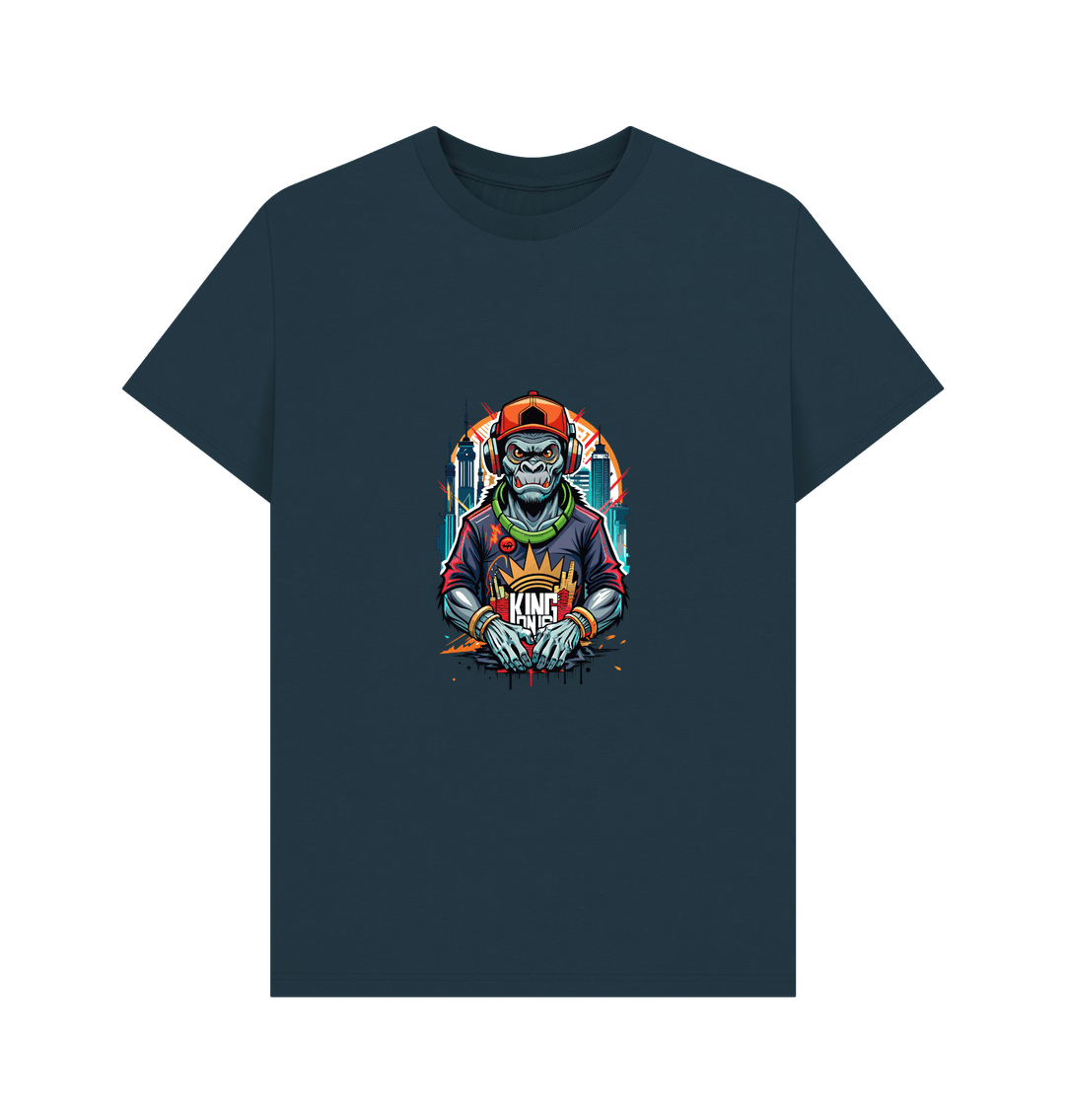 Dark blue t-shirt with graphic of a gorilla wearing headphones and a cap