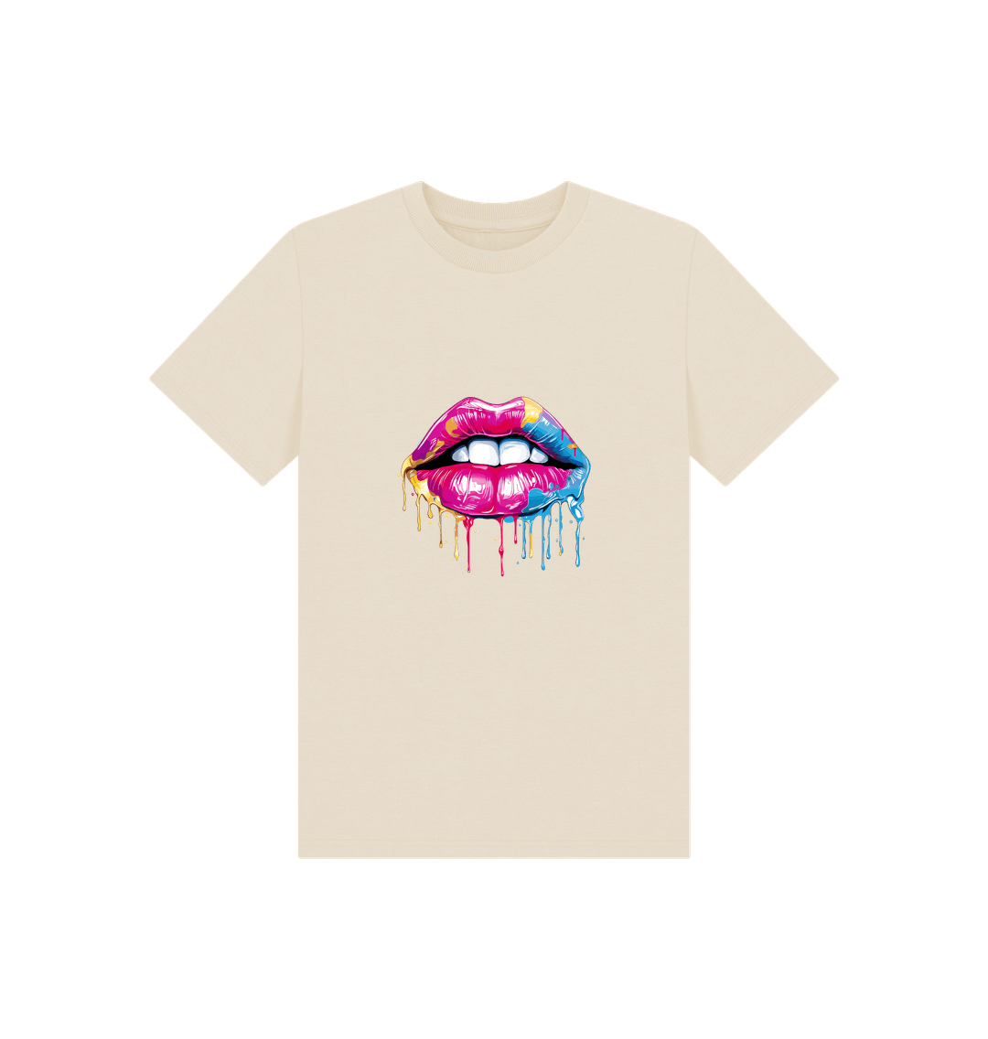 Cream t-shirt with colorful dripping lips graphic