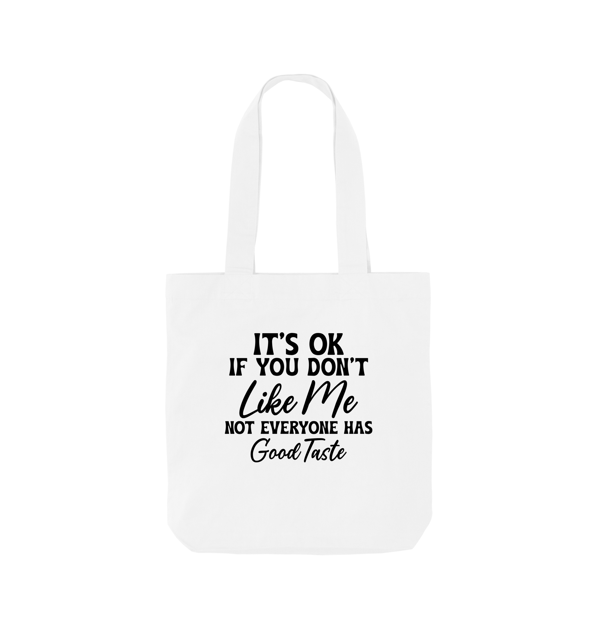 White tote bag with text design