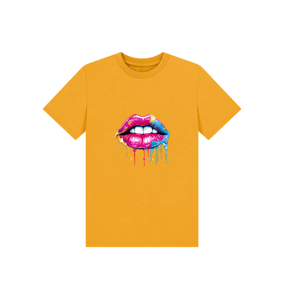 Yellow t-shirt with colorful dripping lips graphic