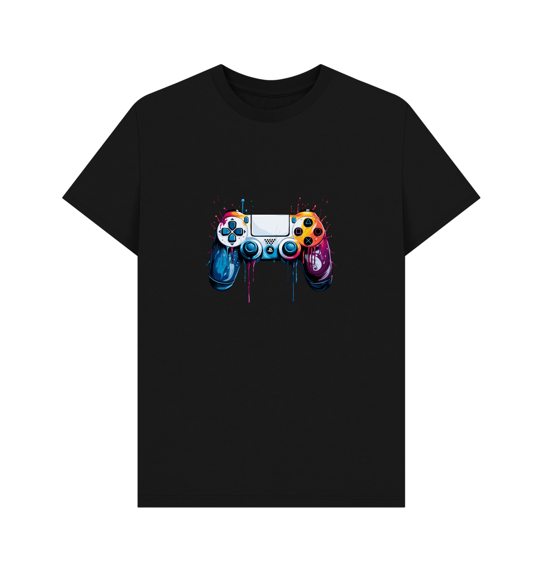 Black t-shirt with colorful game controller graphic