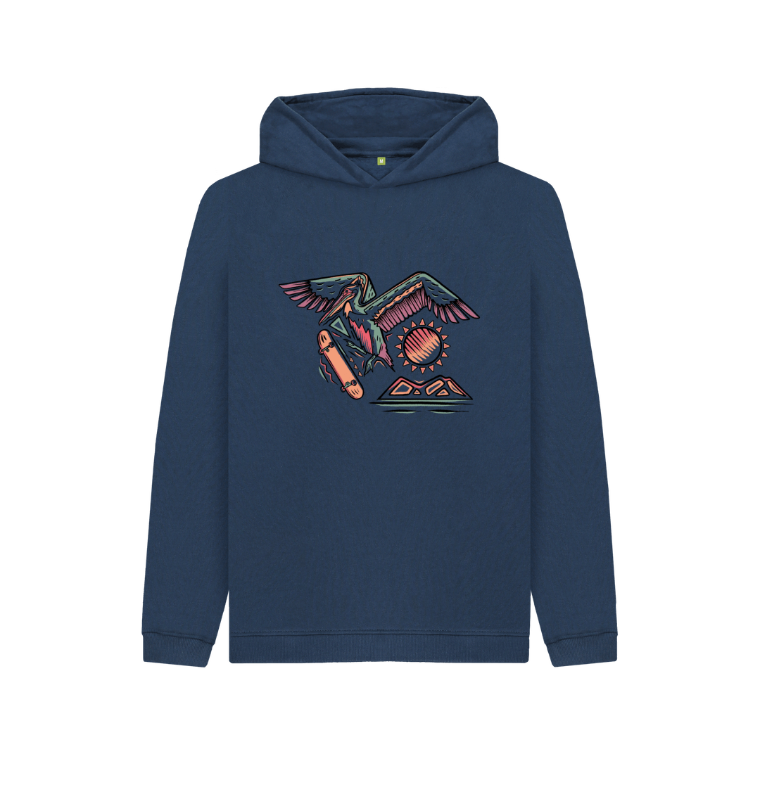 Navy blue hoodie with colorful bird and sun design