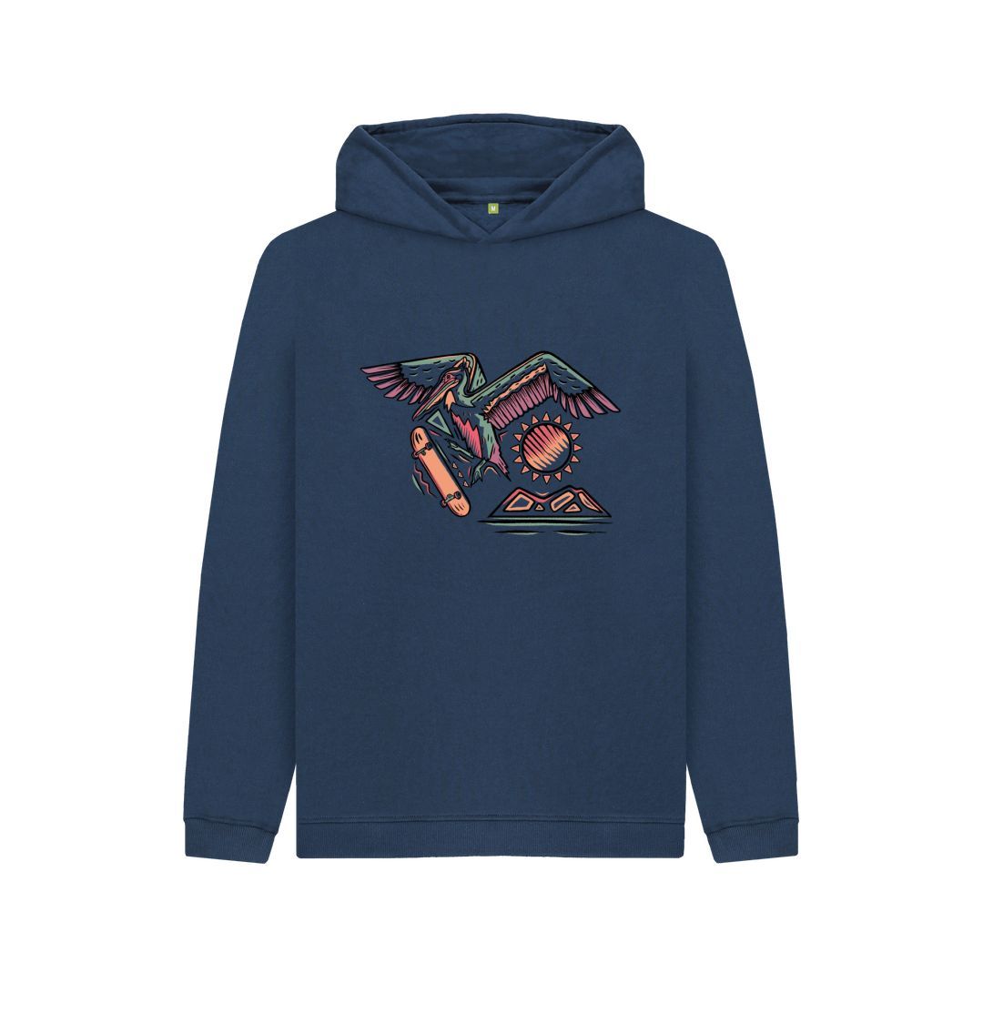Navy blue hoodie with colorful bird design