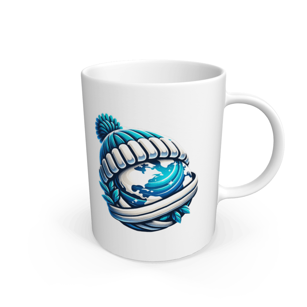 White ceramic mug with blue globe design