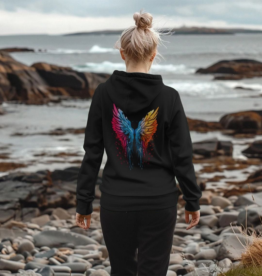 Black hoodie with colorful butterfly wings design (person)