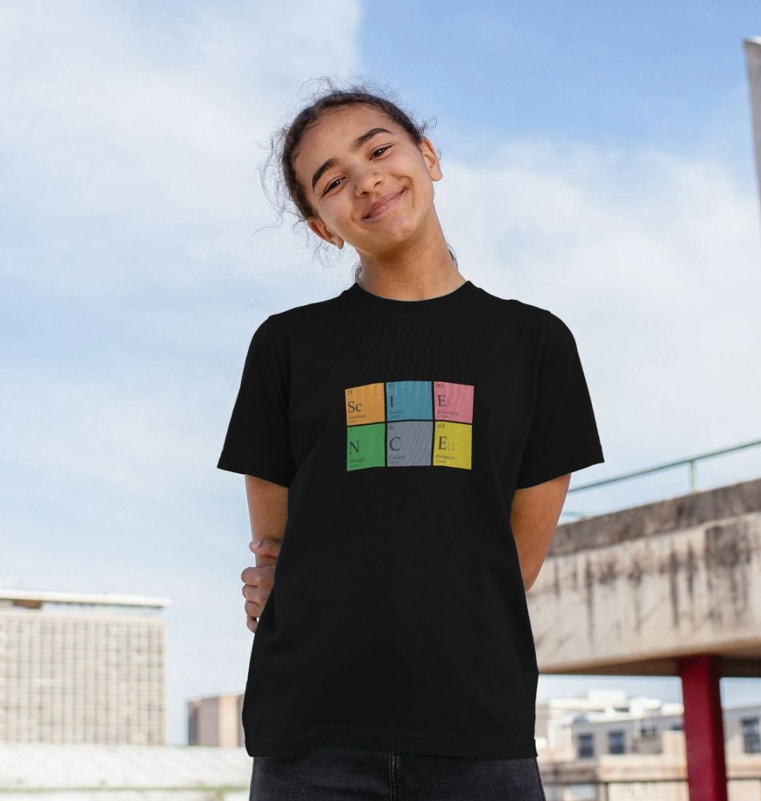 Black t-shirt with "SCIENCE" in colorful squares (person)