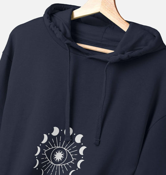Navy blue hoodie with moon phases and eye design