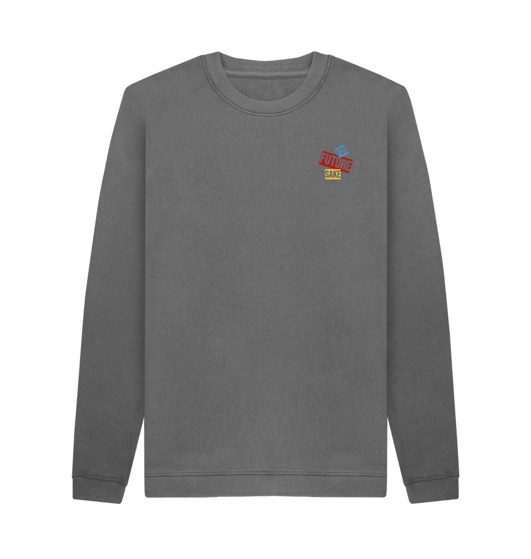 Gray crewneck sweatshirt with "FUTURE SAKE" logo