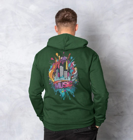 Green hoodie with colorful "MUSIC" graphic (person)