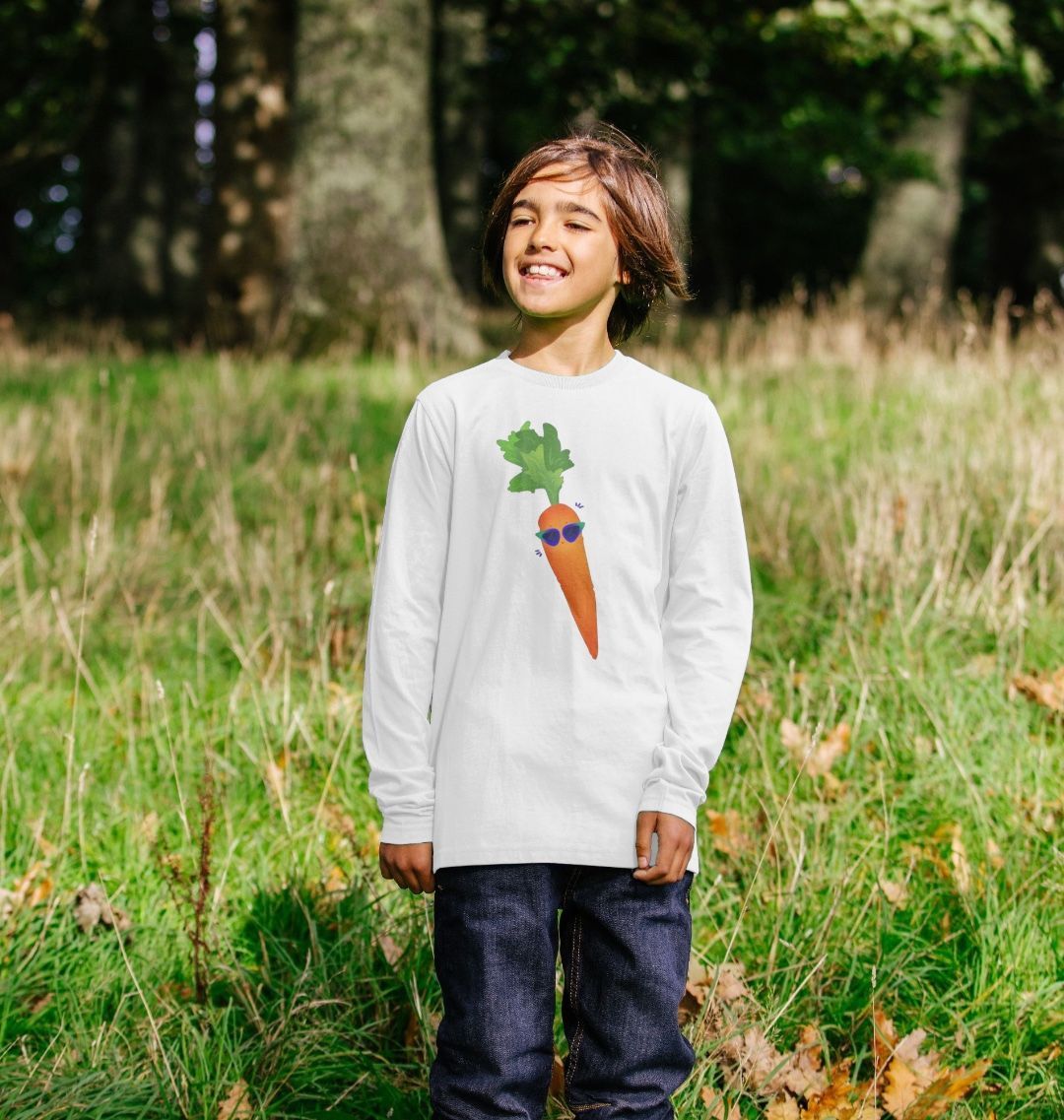 White long-sleeve t-shirt with carrot graphic (person)