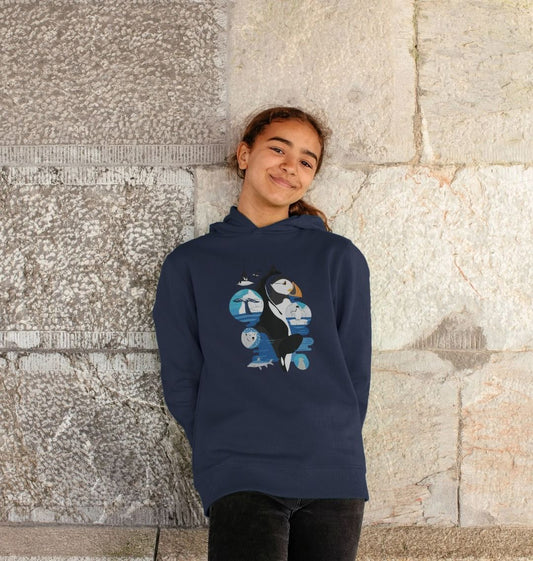 Navy blue hoodie with puffin design (person)