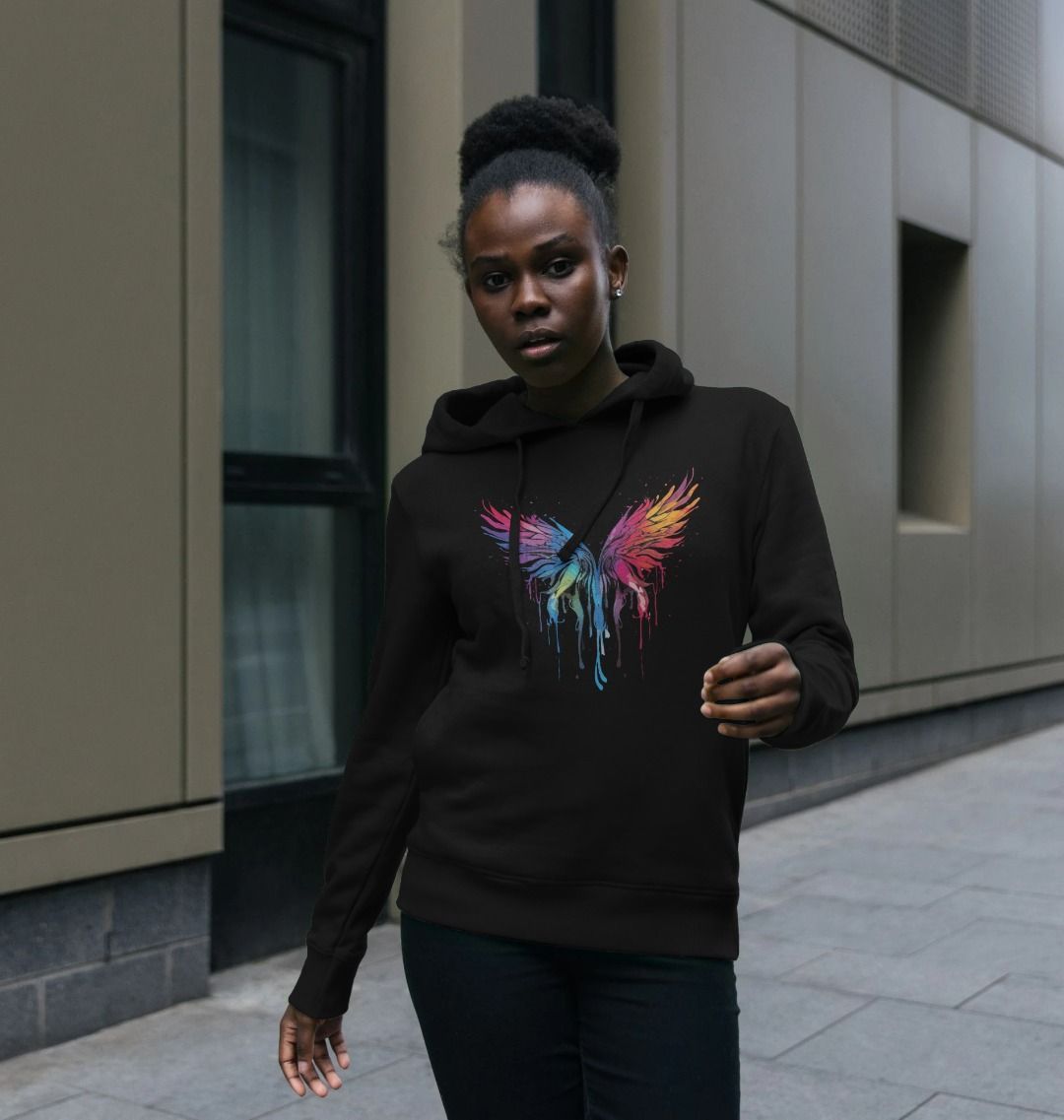 Black hoodie with colorful dripping wings design (person)