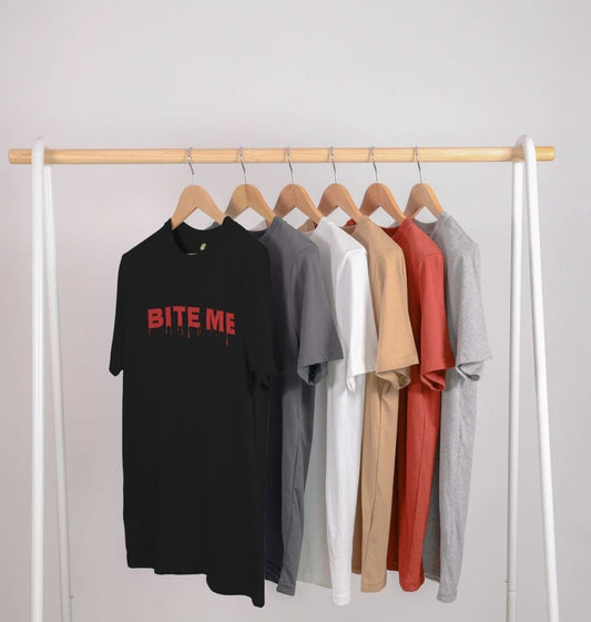Assorted t-shirts on a clothing rack