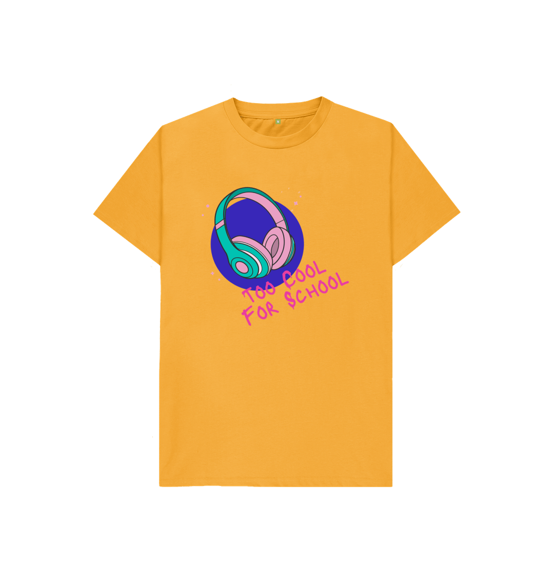 Yellow t-shirt with headphones and text