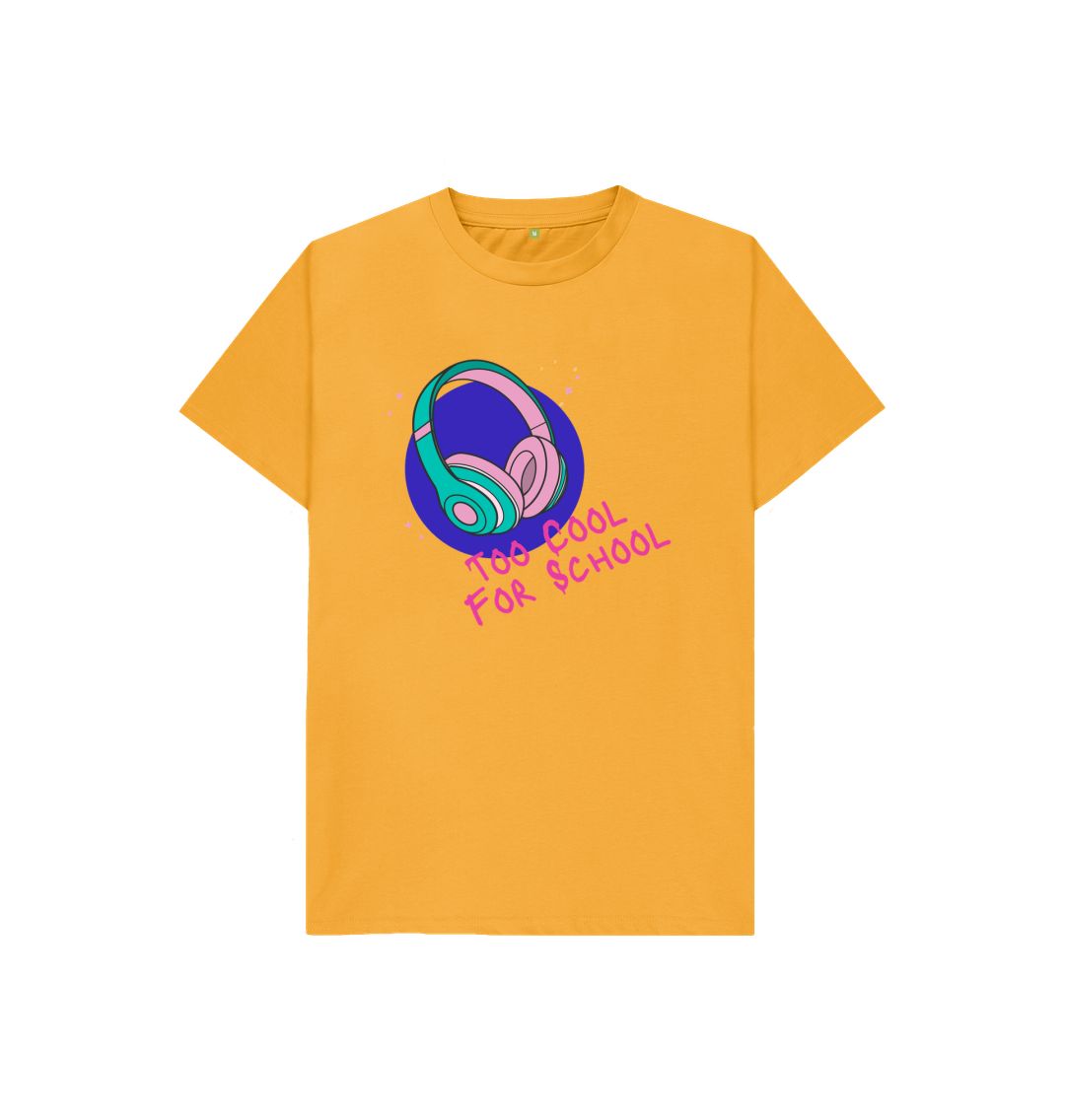 Yellow t-shirt with headphones graphic and text