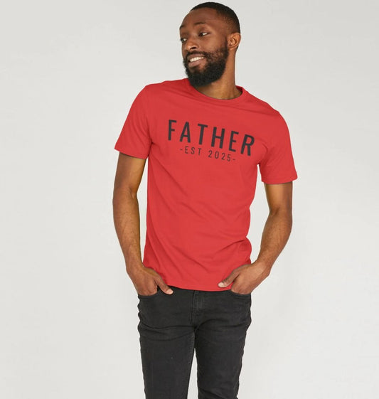 Red t-shirt with "FATHER EST 2025" text (person)