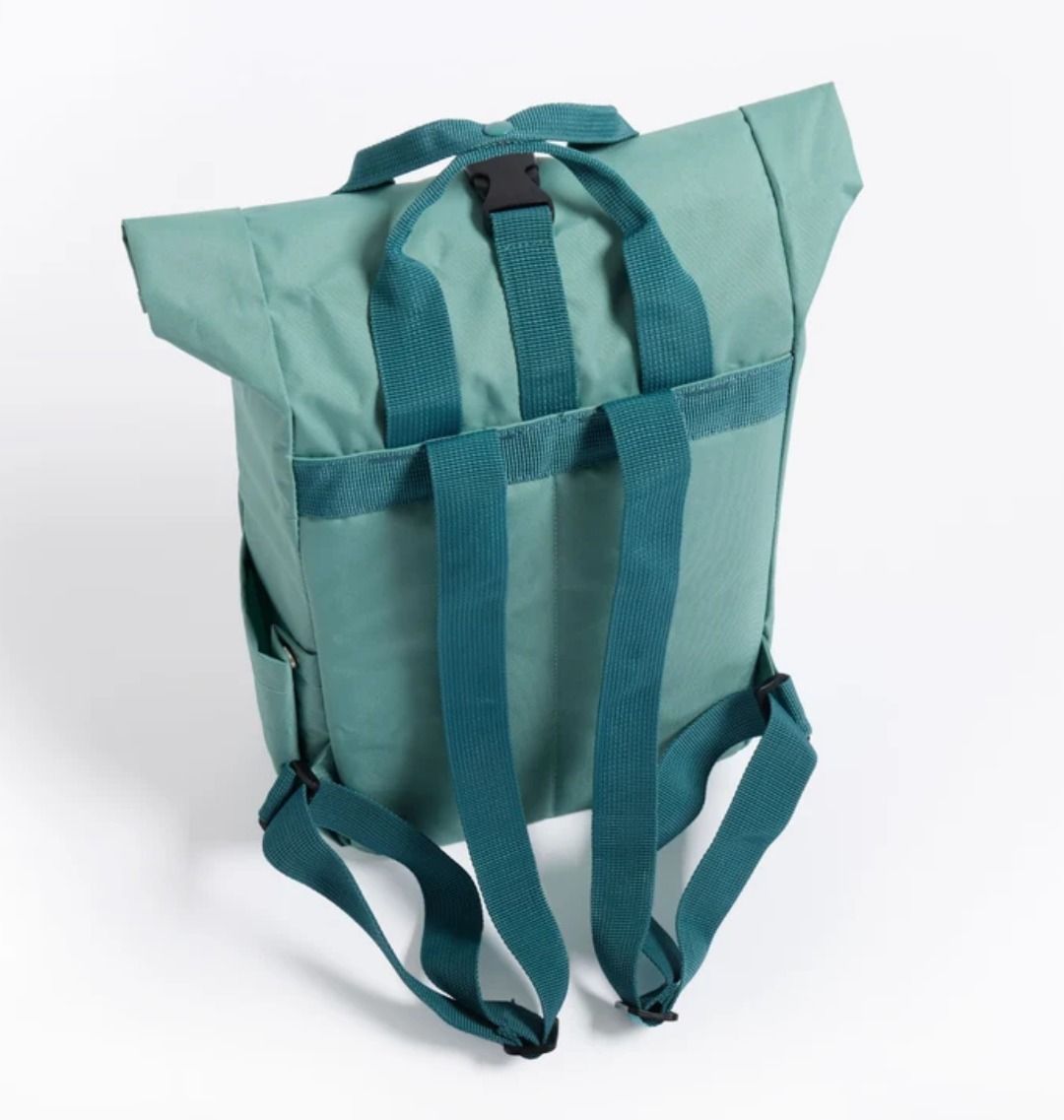 Teal backpack with roll-top closure