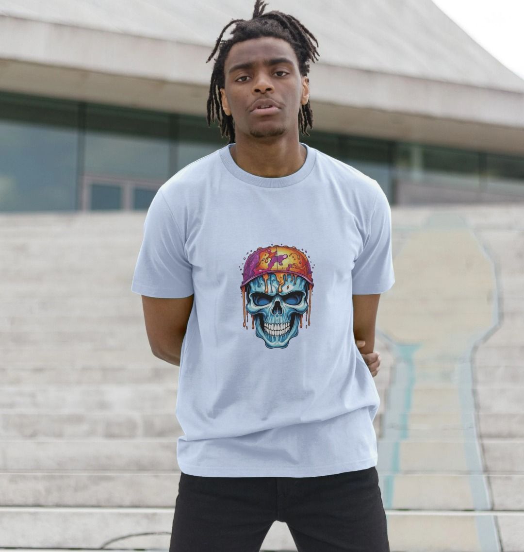 White t-shirt with colorful skull design (person)
