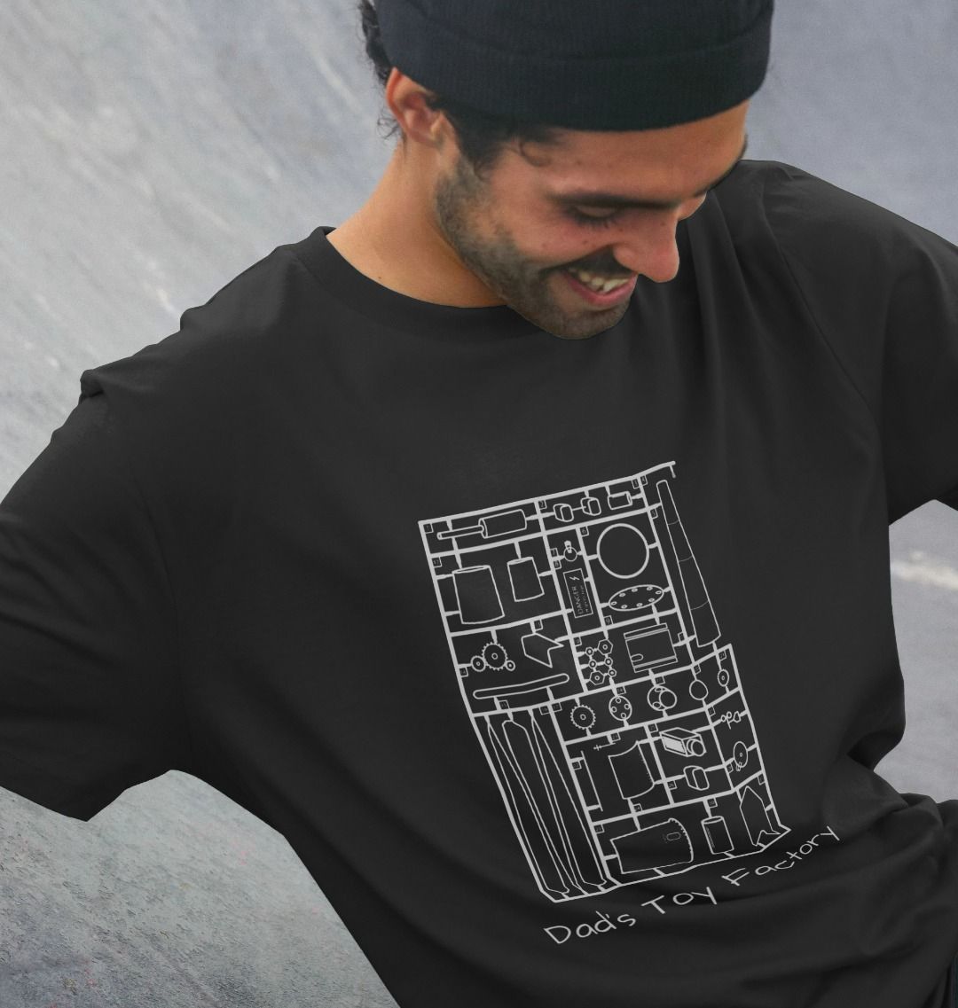 Black t-shirt with white graphic design (person)