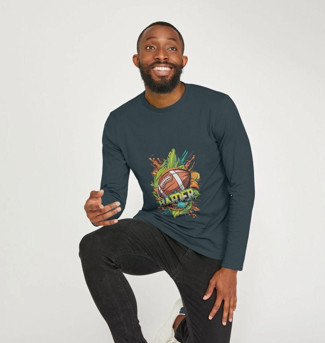 Dark blue long-sleeve t-shirt with football graphic (person)