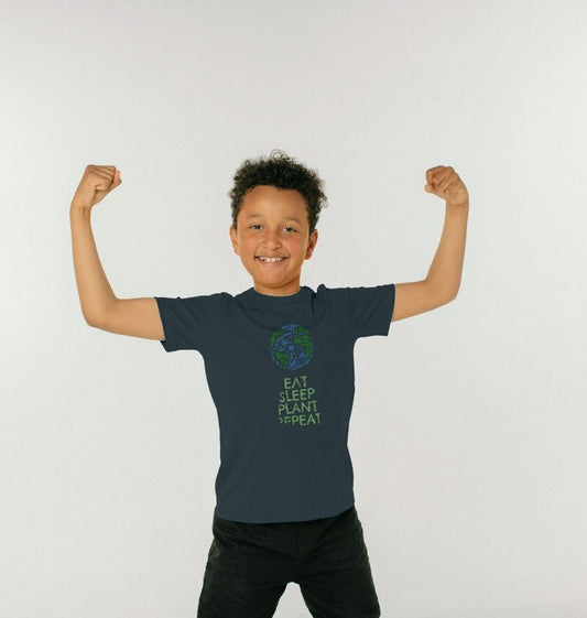 Navy blue t-shirt with "EAT SLEEP PLANT REPEAT" and Earth graphic (person)
