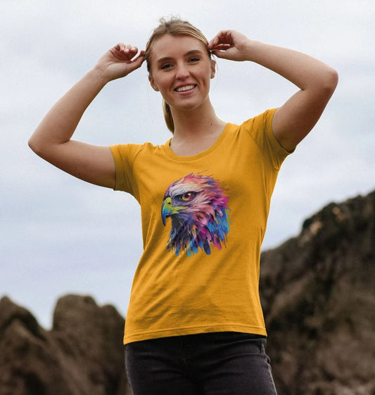 Yellow t-shirt with colorful eagle graphic (person)