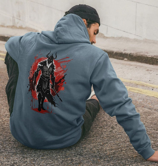 Blue hoodie with warrior graphic (person)