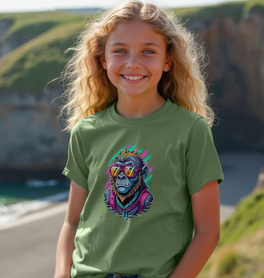 Green t-shirt with colorful monkey graphic (person)