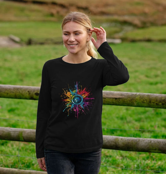 Black long-sleeve t-shirt with colorful peace symbol (person)