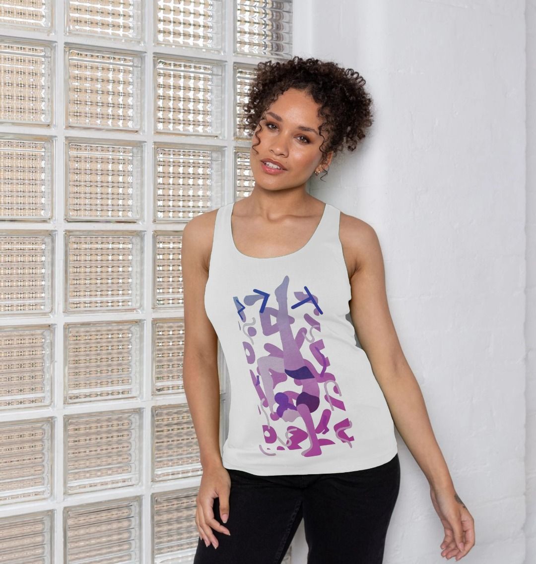 White tank top with abstract purple design (person)